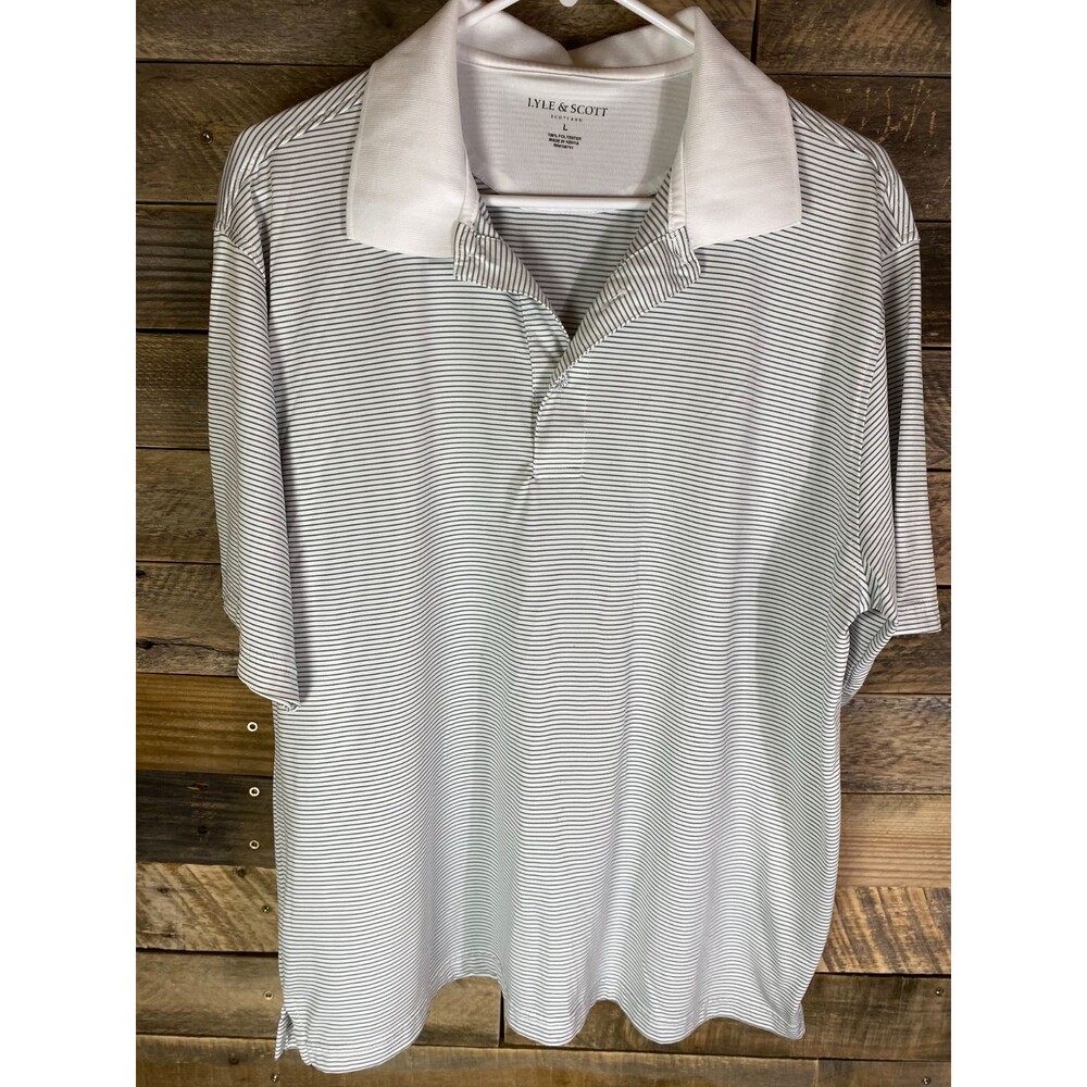 Lyle & Scott  Mens Sz L White With Gray Stripes Short Sleeve Polo Shirt